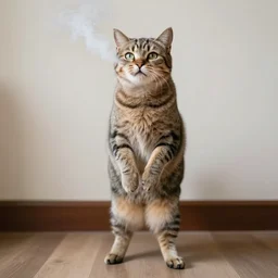 a realistic photo of a cat standing on two legs and vaping