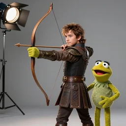 studio portrait still of muppet!!!!! hawkeye with bow and arrow!!!!!! from avengers infinity war as a muppet muppet as a muppet, 8 k, studio lighting, key light,