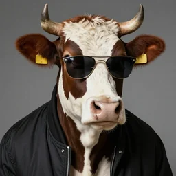 a cool jazzy cow wearing sunglasses and a Jacket
