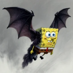 sponge bob as batcreature, night, long shot, sinister, concept art, horror, body is covered in short fur, he has oversized batwings, he flies, realistic shaded, airbrushed, realistic, artstation, art by michael whelan