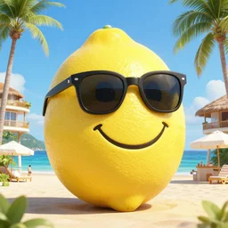 an amazing award winning photo of a huge smiling lemon with sunglasses on a beautiful beach resort, masterpiece, very detailed