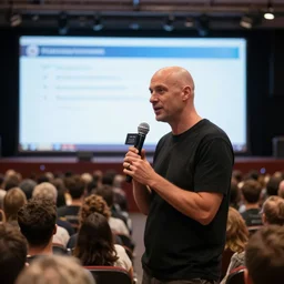 photograph of bald man holding a microphone while giving a talk at a large conference