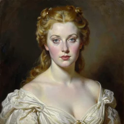 exquisite oil painting on canvas of gwendoline christie portraying lucifer, woman's portrait, gorgeous face, goldilocks, porcelain looking skin, piercing gaze, unique and intricate painting, stunning ivory dress, elegant, majestic, 4 k, ultra high quality, canon, hyperrealist, by annie leibovitz