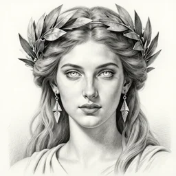 long shot realism pencil drawing of the beautiful greek goddess aphrodite wearing a laurel wreath and arrowhead earrings, beautiful confident eyes, beautiful flowing hair, white god eyes, hyper realistic face, in the style of greg rutkowski, fantasy, amazing detail, epic, elegant, smooth, sharp focus, from the front
