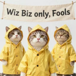cat wizards dressed in yellow raincoats. A banner that reads 'Wiz Biz only, Fools' adorns the back wall. Hypermaximalistic, hyper detailed 4k resolution