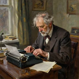 a disheveled old disbarred lawyer boarded up in his messy house, isolated alone on a typewriter feverishly typing out paranoid rants in the 1 9 8 0 s, detailed artstation marc simonetti andrei riabovitchev artstation oil on canvas shimmer