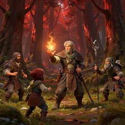 a fantasy halfling alchemist buffing his halfling allies in a redwood forest, in the style of warhammer, unreal engine, octane render, realistic, matte painting, masterpiece, studio ghibli, beautiful, magical,