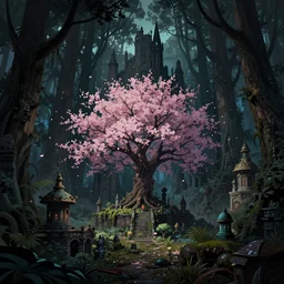 mysterious dark forest, ancient city, tree with cherry blossoms in the middle, colorfully, dark mood, detailed illustration, dark climate, digital art, highly saturated colors, overdetailed art, concept art, detailed illustration, hd, 4 k, digital art, greg, dan mumford, rutkowski, wlop, trending on artstation