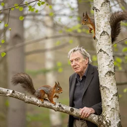 David Attenborough in a birch forest in early spring morning, red squirrels on tree branches