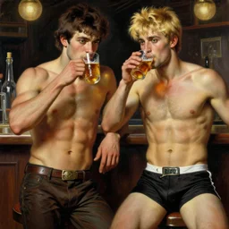 attractive muscular male with brunet hair and attractive muscular male with blond hair. pants and shorts, drinking their hearts out, in a pub, close shot, very defined, highly detailed painting by gaston bussiere, j. c. leyendecker, craig mullins 8 k