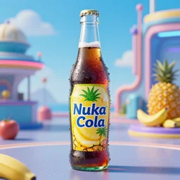 bottle of delicious pineapple & banana flavoured nuka cola, unreal engine, retro futurism, dieselpunk, 3 d art, concept art, highly detailed, pop art, by artgerm and jakub rozalsky