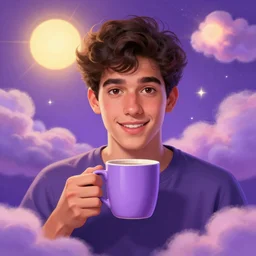 portrait of a ( ( ( una taza de cafe grande y morada ) ) ), ( ( guapo joven caliente espanol alegre ) ), lleno de nubes y magia, el sol, concept character, face by mucha, by greg rutowski and tezuka and oi and bierstadt and remington, trending on artstation
