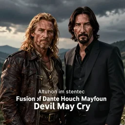 Fusion of Dante from Devil May Cry and Keanu Reeves, film still, photorealistic