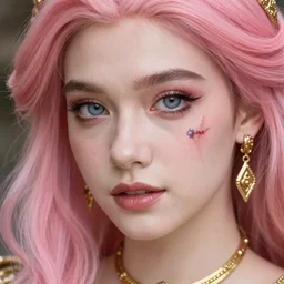 face of a female princess, pink hair, beautiful, scar under the left eye, golden necklace, close - up, by luis royo, fantasy, medieval
