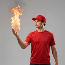 a man wearing a red shirt, red cap, throwing fire by the hand, professional photography studio, pic, photo, render