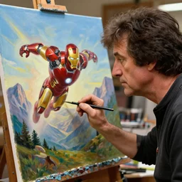 a closeup photorealistic photograph of bob ross in his studio. bob is working on a canvas painting of iron man flying. mountain scape. film still, vibrant colors. this 4 k hd image is trending on artstation, featured on behance, well - rendered, extra crisp, features intricate detail, epic composition and the style of unreal engine.