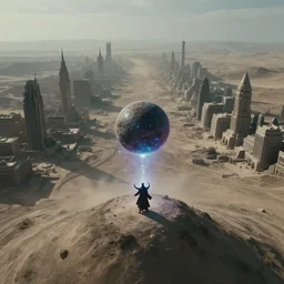 cinematic still, epic desolate apocalyptic city wasteland with a hillock in the foreground containing a magical wizard summoning a spirit orb the size of a small asteroid, aerial