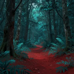 forest with red soil and teal leaves, lush, atmospheric, award winning fantasy concept art, trending on artstation