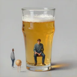 a tiny realistic proportioned man sitting down inside a pint glass. beautiful detailed painting by artgerm and magali villanueve and michael whelan