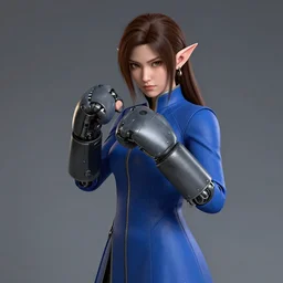 character portrait of young female elf, fisting monk, thick robotic punching gloves, blue skintight closed longcoat, brown bob haircut, green eyes, white skin, akihiko yoshida, james jean andrei riabovitchev marc _ simonetti, yoshitaka amano