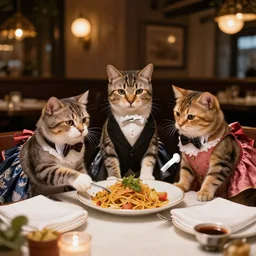 cats and dogs wearing suits and dresses eating dinner at a restaurant, very atmospheric lighting, award winning photo, masterpiece