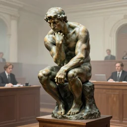 editorial illustration by karolis strautniekas and mads berg, illustrated rodin's the thinker in a busy court room interior, low fog, fine texture, detailed, ( ( dark green, white, brown ) ), muted colors, dramatic lighting, dynamic composition, vivid, matte print, wide angle, ( ( sunbeams ) ), moody