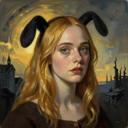 Elle Fanning in the painted world of Courage the Cowardly Dog, head and shoulders masterpiece, apocalypse, golden hour, cosmic horror, artstation, in the style of Andrew Wyeth and Edward Hopper and Bosch, extremely detailed