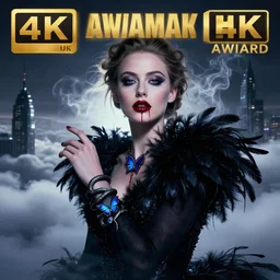 hyperrealistic portrait of amber heard as a witch blood dripping lips, black swan feathers coat noir, sapphire butterfly jewellery, snake bracelet, mystic fog smoke, above the clouds skyscrapers. by jeremy mann, fantasy art, photo realistic, dynamic lighting, artstation, poster, volumetric lighting, 4 k, award winning