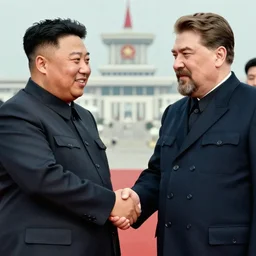 photograph of kim jong - un, and joseph stalin, shaking hands with each other in pyongyang, 8 k, very detailed, very intricate, colored,