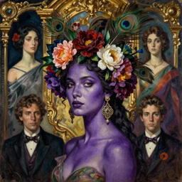 dynamic composition, a painting of a woman with purple - tinted - skin and hair of flowers and peacock plummage wearing ornate earrings, a surrealist painting by tom bagshaw and jacek yerga and tamara de lempicka and jesse king, featured on cgsociety, pop surrealism, surrealist, dramatic lighting, wiccan, pre - raphaelite, ornate gilded details