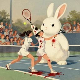 young adult women playing tennis with a giant rabbit, blood stains on shirt, blood on tennis court, bleeding audience, illustration, traditional drawing style, dramatic mood, textured canvas, pastels, 8 k render octane high definition cgsociety