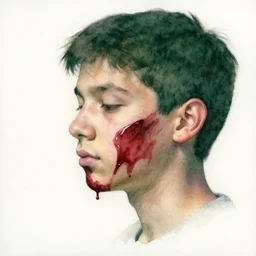 watercolor, 3 / 4 profile, a liquid dark green portrait of a teenager face eyes are blurred blurry, skin melt down flow go runny, face painted with dark red thick fluid, realistic detailed watercolor polaroid, grainy image, contrast, realistic detailed,