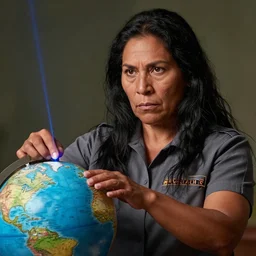 epic portrait of slightly muscular indigenous visionary sheila wattcloutier serious wearing shirt instructor uniform laser pointing globe, libra, detailed, artstation, concept art, donato giancola, joseph christian leyendecker, wlop, boris vallejo, stron eyes, highest resolution, extremely detailed beautiful, establishing shot, artistic, hyperrealistic, beautiful face, enhanced hands, octane render