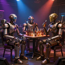backstage at a rock concert, 3 futuristic steampunk robots sitting on chairs, a table with many bottles of beer and wiskey, exaggerated detailed, unreal engine, subtle multicolored light, volumetric lights