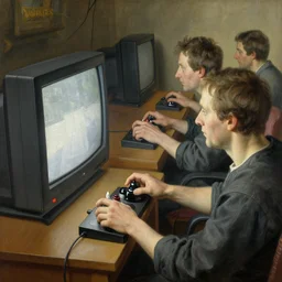 Men playing video games on CRT television using Atari joysticks. Painting by Albrecht Dürer. Intricate details. hyper realism. Masterpiece.