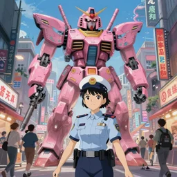 Artwork by James Jean, Phil noto and hiyao Miyazaki; a young Japanese future samurai police girl named Yoshimi battles an enormous looming evil natured carnivorous pink gundam robot on the streets of Tokyo; Japanese shops and neon signage; crowds of people running; Art work by studio ghibli, Phil noto and James Jean