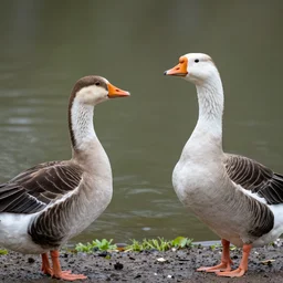 duck and goose staring at each other