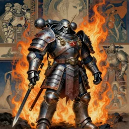 composition of gothic and futuristic, warhammer, cyber japan samurai armor, more and more scars, fireerstorm, white head, some orange and blue, the middle ages, highly detailed, artstation, in the style of moebius, jugendstil and classic japanese print, art by jean delville, compositon by rene magritte