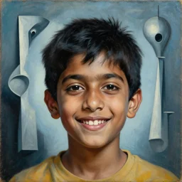 a beautiful cinematic masterpiece headshot portrait of a happy stoner indian boy tripping, centered, head only, by mimmo rotella, by umberto boccioni, by greg rutkowski, oil on canvas, brilliant cold lighting, hyper - detailed, no frames, 8 k