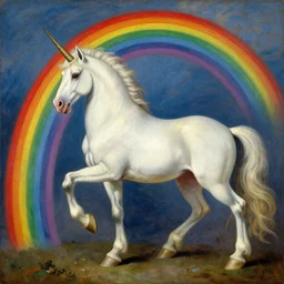 detailed traditional painting of a unicorn walking on a rainbow, ( ( rainbow ) ) by caravaggio, authentic, masterpiece, brush strokes, trending on artstation