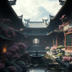 concept art of tang dynasty palace by greg rutkowski craig mullins ross tran zen garden flowers japanese motifs concept art clear focus fantasy d & d cinematic lighting unreal engine lumen reflections trending on artstation
