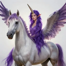a portrait of a beautiful elegant female centaur with a horn on the forehead and wings on her horse body and purple hair and elf ears, Ultra realistic! 25mm f/1.7 ASPH Lens backlit, strong rim light, highly detailed, digital painting, HDRI, by Alvaro Castagnet + Peter Mohrbacher + Dan Mumford + vivid colors + high contrast, 8k resolution, intricate, photorealistic, smooth