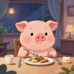 a cartoonish cute anthropomorphic pig is having dinner in a beautiful home, magical atmosphere, trending on artstation, 30mm, by Noah Bradley trending on ArtStation, deviantart, high detail, stylized portrait H 704