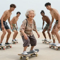 a smiling lovely cute granny with some body builders skateboarding. beach in the background editorial photography