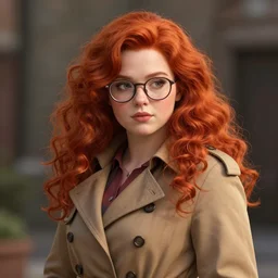 highly detailed, digital art, pixiv fanbox, trending on artstation, ray tracing, volumetric lighting, sharp focus, hq, fallout 4 sytle character, beautifull chubby redhead girl with soft curl long hair and glasses, wearing a trench coat, by artgerm, wlop, greg rutkowski, miyazaki hayao