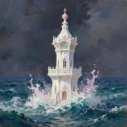 a delicate ornate white fantasy tower with pink and green decoration splashes upwards from a turbulent ocean, dramatic lighting, rich colors, beautiful oil painting, artstation