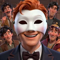 a cinematic portrait of the happy mask salesman, half - moon eyes!!!, ginger, art by lois van baarle and loish and rossdraws and sam yang and samdoesarts and artgerm and saruei and disney, digital art, highly detailed, intricate, sharp focus, trending on artstation hq, deviantart, unreal engine 5, 4 k uhd image