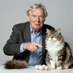 david attenborough sitting down with an exotic shorthair cat with it's eggs. documentary, , david attenborough pointing, fluffy cat, national geographic, strange, photorealistic