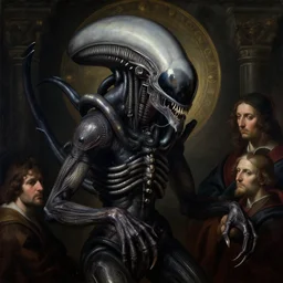 xenomorph human hybrid saint icon dark religious painting by yoshu hashimoto chikanobu, baroque portrait painting, detailed octane render trending on artstation artgerm, 8 k artistic photography, volumetric cinematic perfect light, chiaroscuro, masterpiece, raphael, caravaggio, beksinski, rutkowski, giger