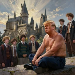 a beautiful painting of donald!!! trump!!!, shirtless, sitting on the ground, with the panorama of hogwart in the background, hogwart students looking at him confused, intricate detail, god rays, photography, volumetric light, hyperrealistic, 8 k